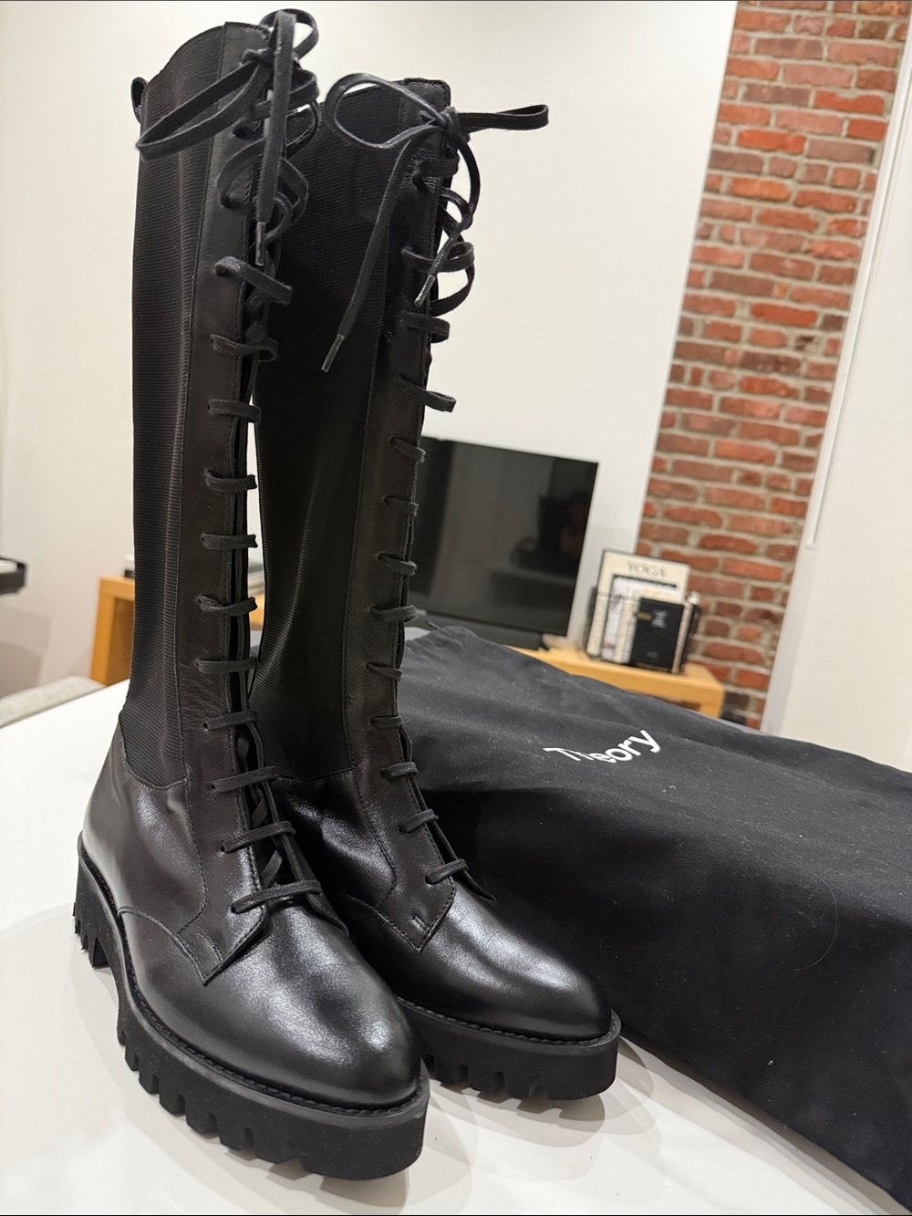 Theory Black Knee-High Lace-Up Platform Boots